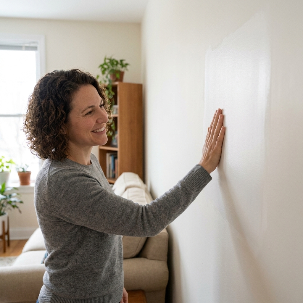 A living room wall with a repaired drywall patch painted in flat paint, appearing smooth and uniform under soft ambient lighting