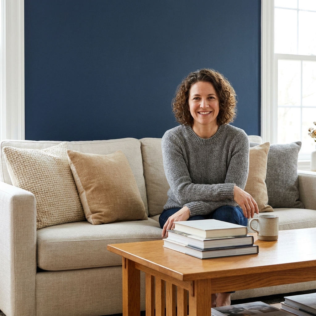 A living room with a navy painted accent wall behind a light-colored sofa, styled with neutral pillows and a warm wood coffee table