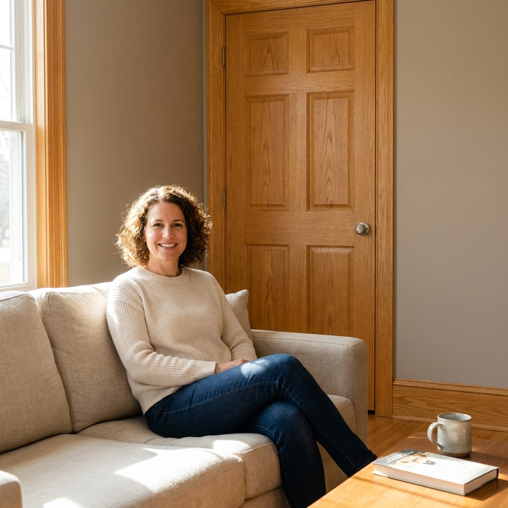 A living room with honey oak baseboards and a matching oak door, paired with warm greige walls and natural light