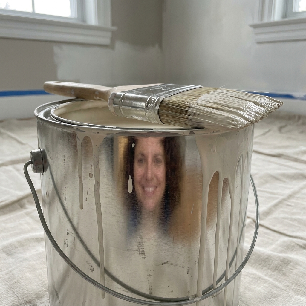 A metal paint pail with a small amount of wall paint and an angled sash brush resting on the rim, ready for cutting in