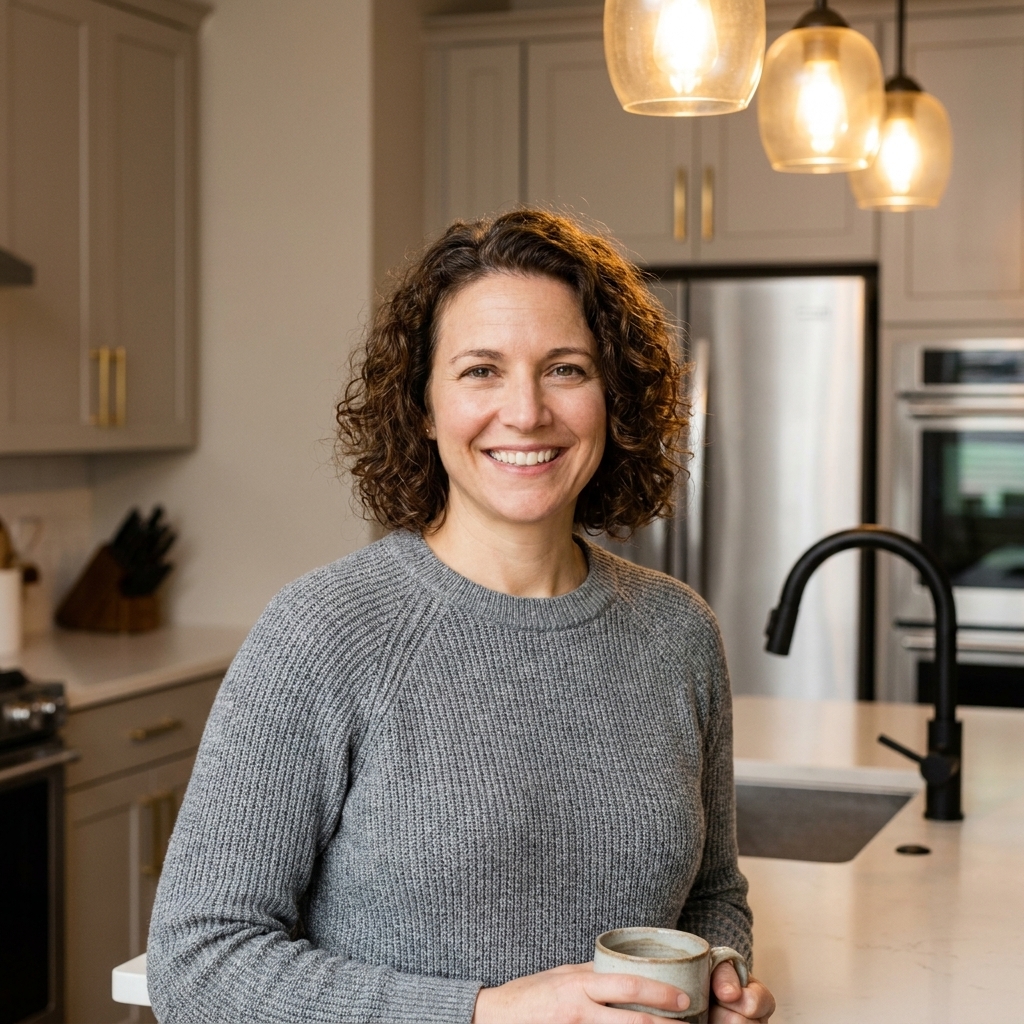 A modern kitchen with brass cabinet pulls, a matte black faucet, and stainless steel appliances, with neutral painted walls and warm pendant lighting