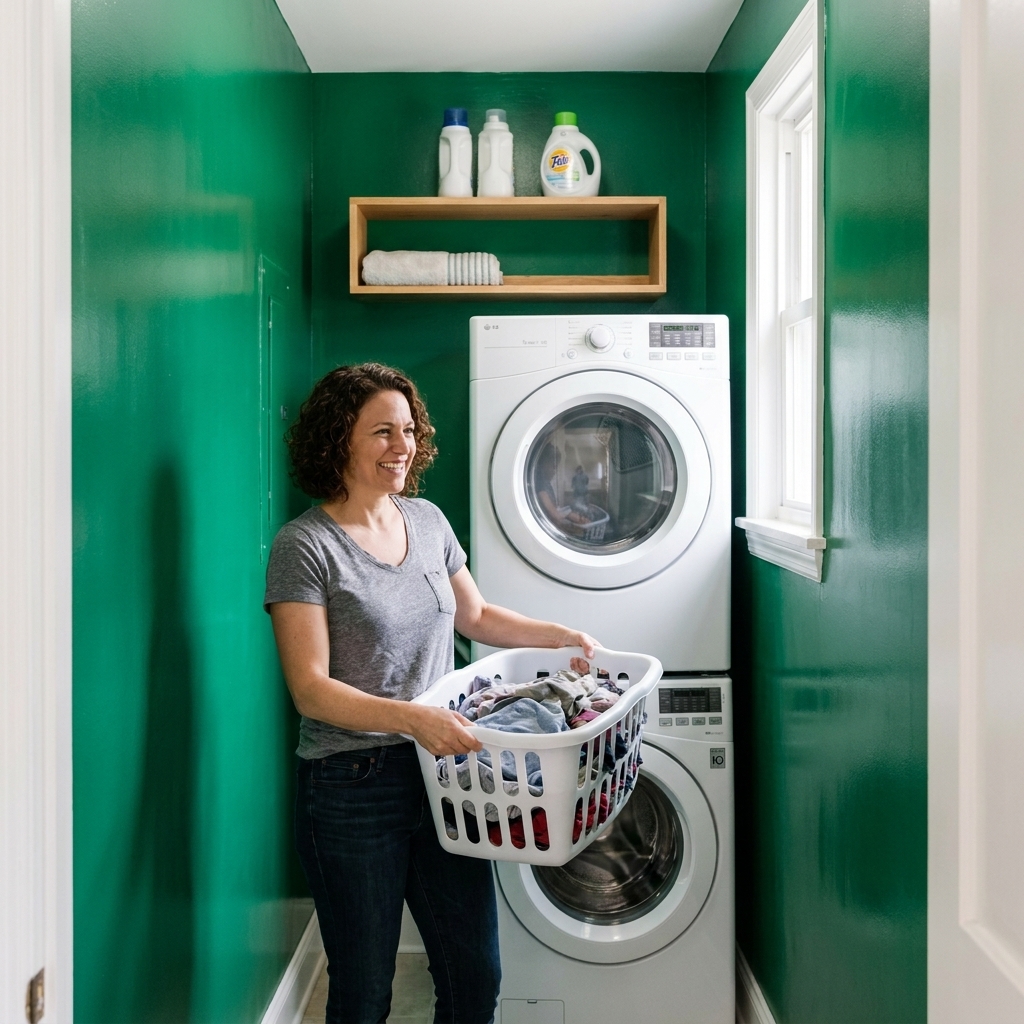 A narrow laundry room with glossy emerald green walls, white trim, and a simple floating shelf above a washer and dryer.