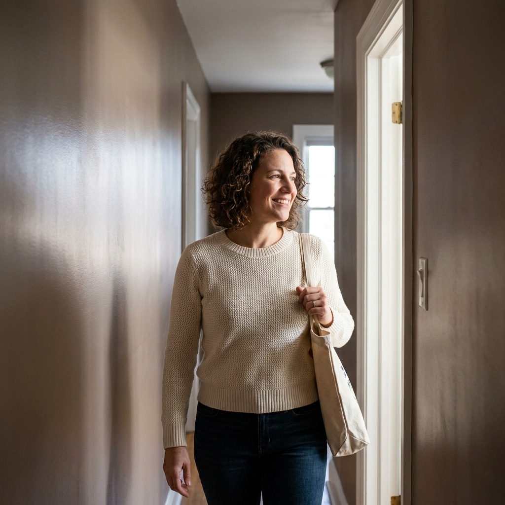 A narrow residential hallway painted in a warm neutral satin finish, with daylight coming from a nearby room and subtle wall reflections