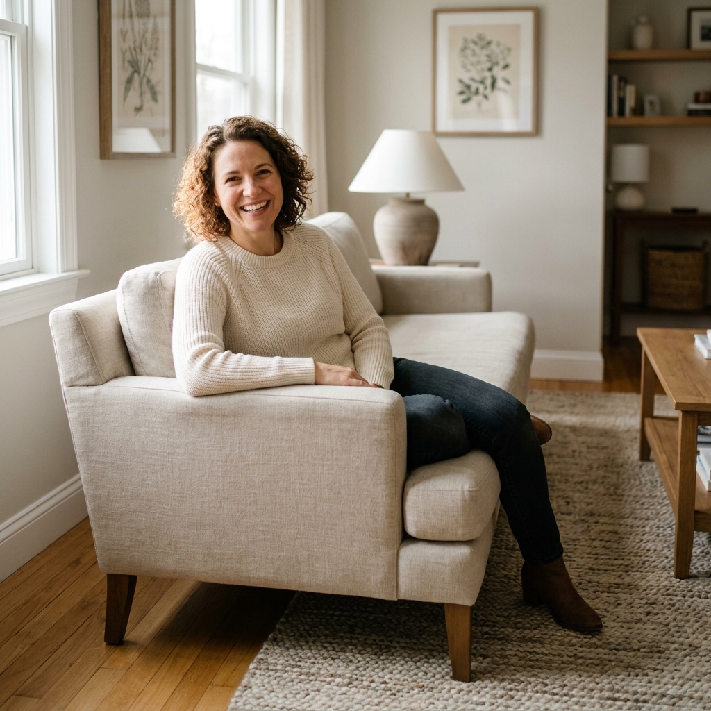 A neutral living room with a light sofa, textured area rug, and wood floors, photographed in soft daylight
