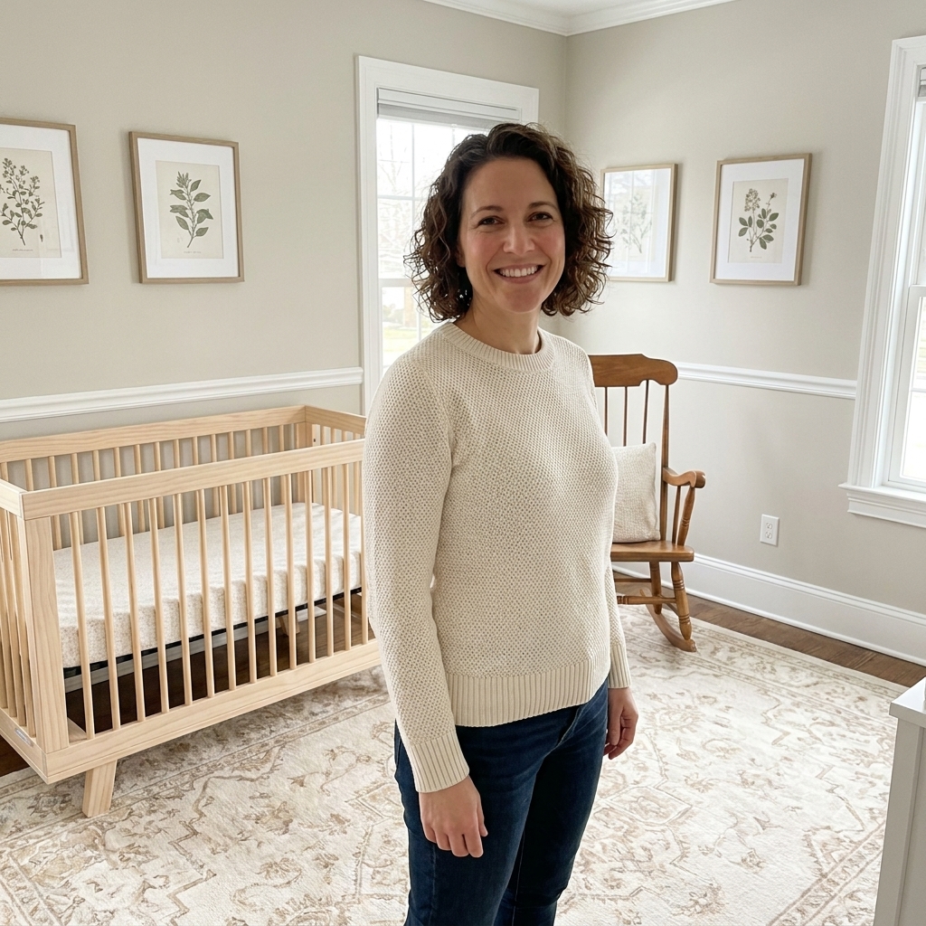 A neutral nursery with light greige walls, white trim, a natural wood crib, and a soft patterned rug in beige and cream