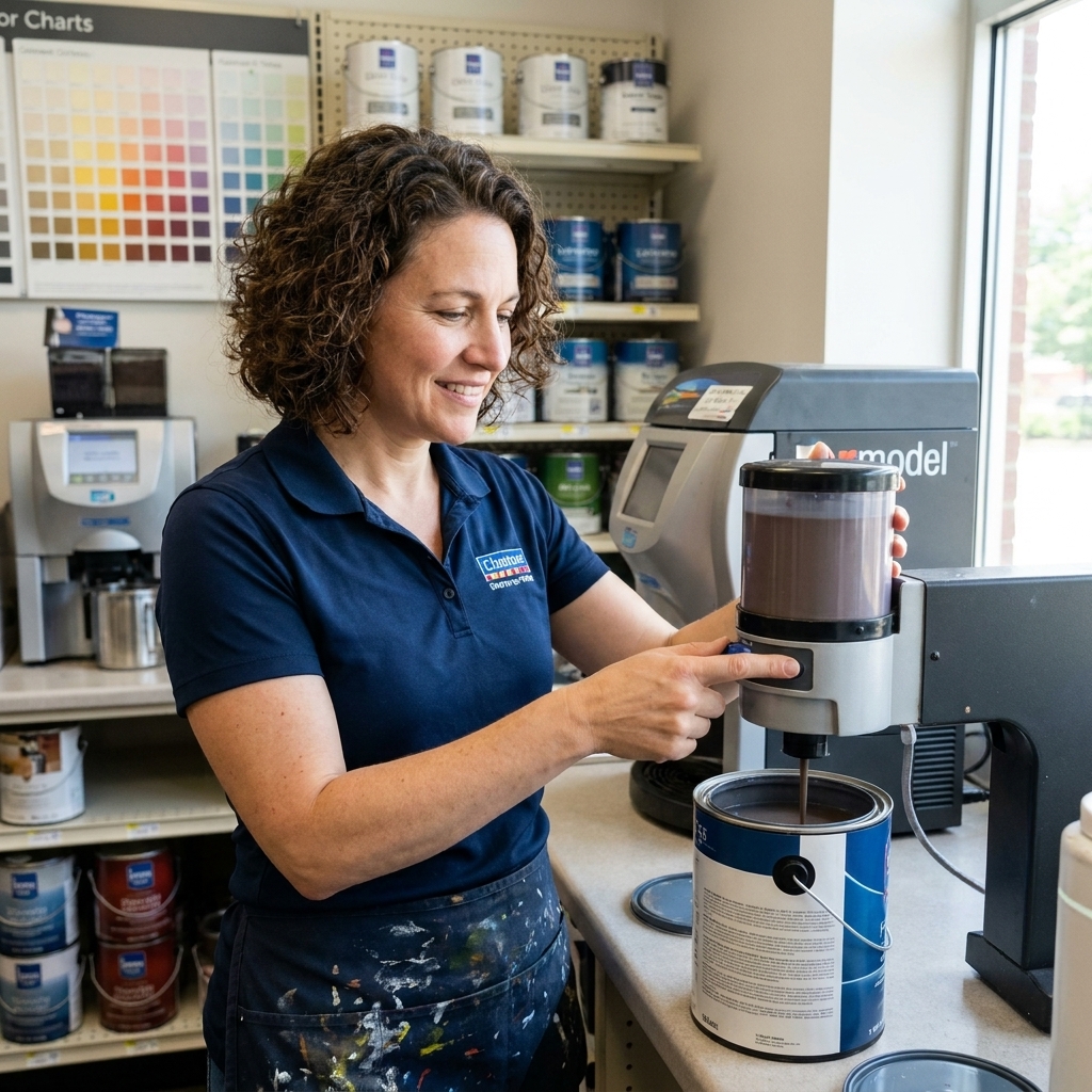 A paint store worker dispenses colorant into a paint can at a tinting station.