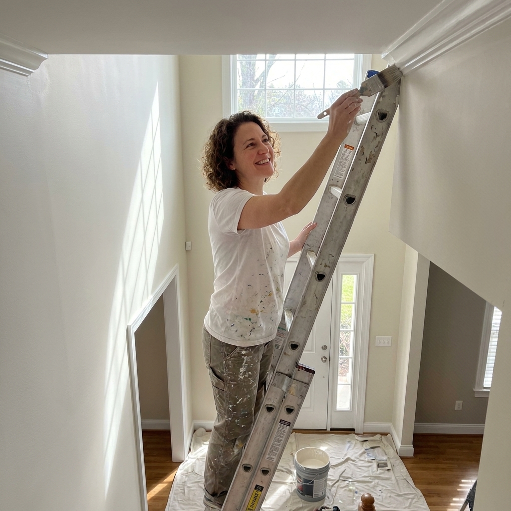A painter on an extension ladder cutting in along a tall two-story interior wall in a foyer with high ceilings