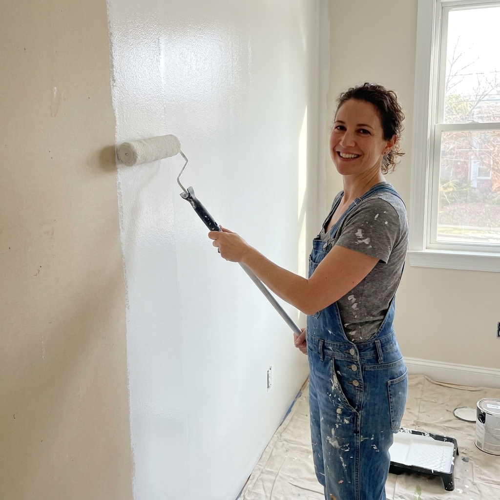 A painter rolling white paint along an interior wall while keeping a visible wet edge between freshly rolled paint and the unpainted area