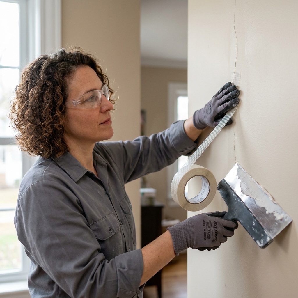 A person applying drywall tape over a hairline crack on a wall before smoothing joint compound with a wide taping knife