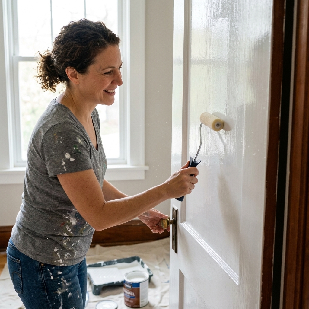 A person applying white enamel paint to an interior door using a small foam roller, leaving a smooth glossy finish in a well-lit room