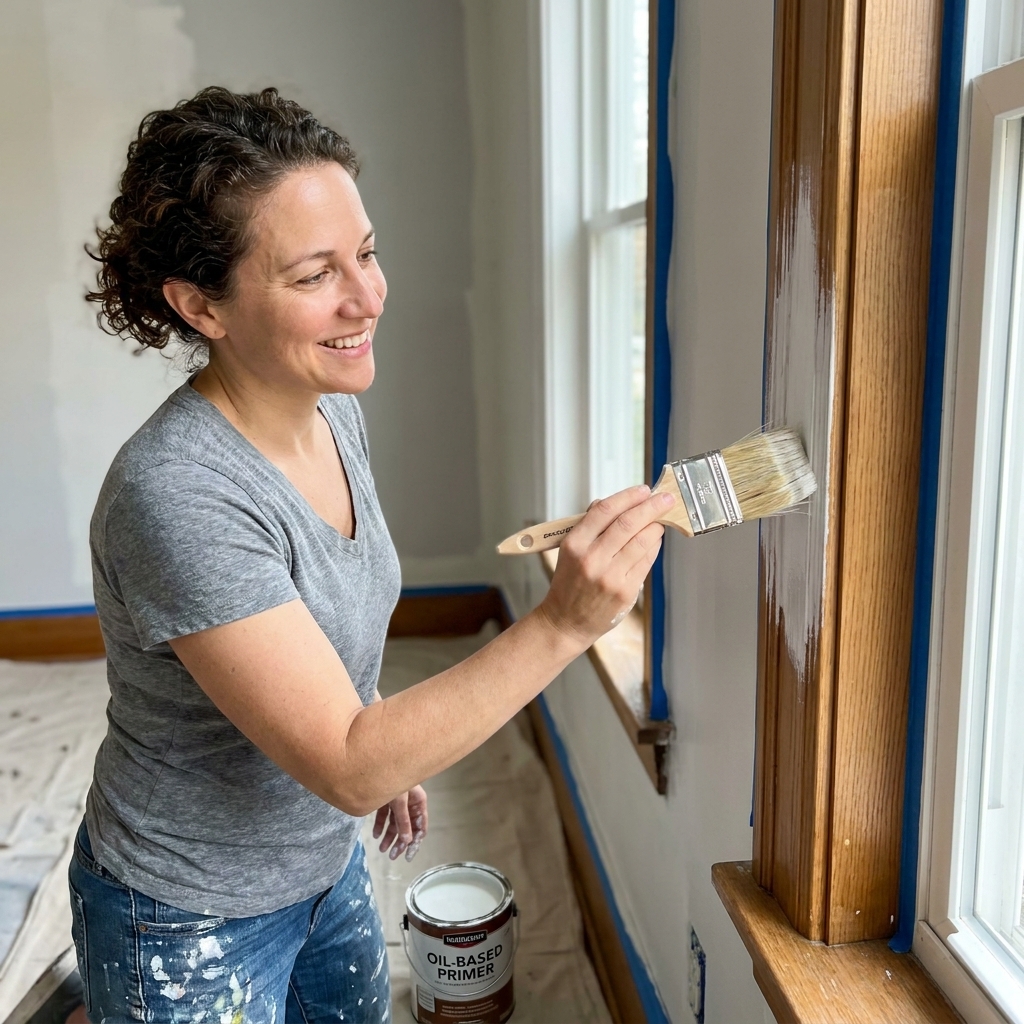A person brushing oil-based primer onto an interior door casing with a natural bristle brush, with protective tape along the wall edge