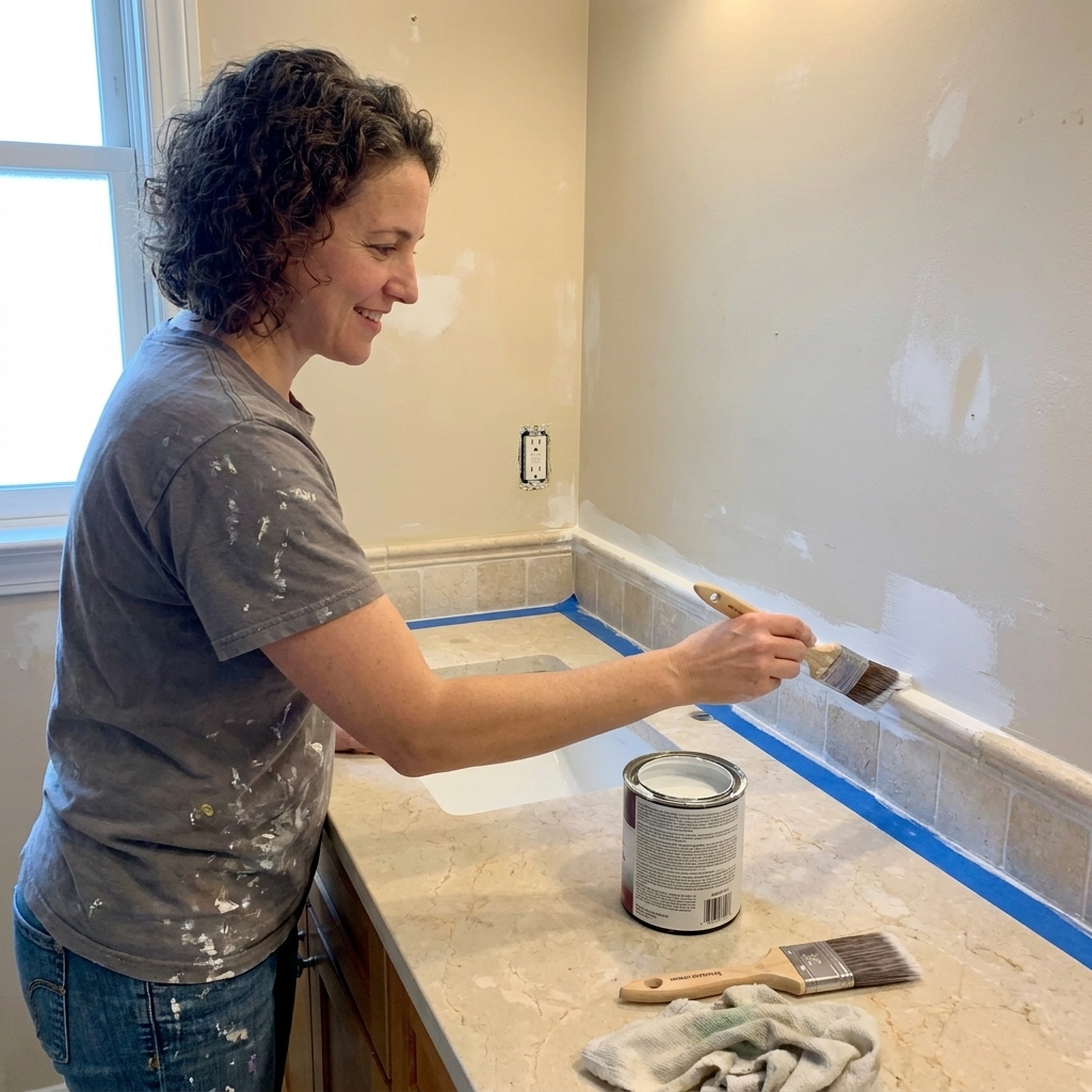 A person cutting in primer with a brush along a bathroom vanity backsplash, with sanded walls and painter's tape protecting the countertop
