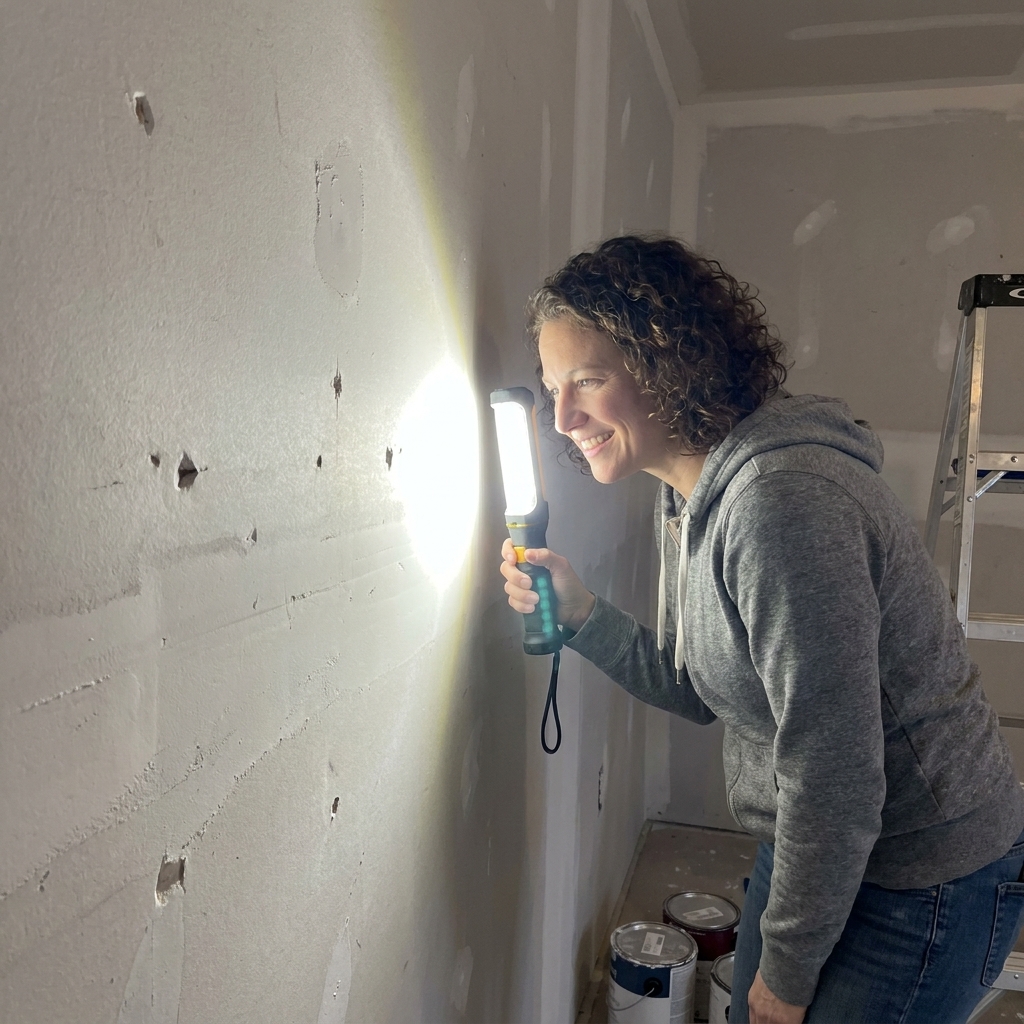 A person holding a bright work light close to a drywall wall to highlight dents and imperfections before painting