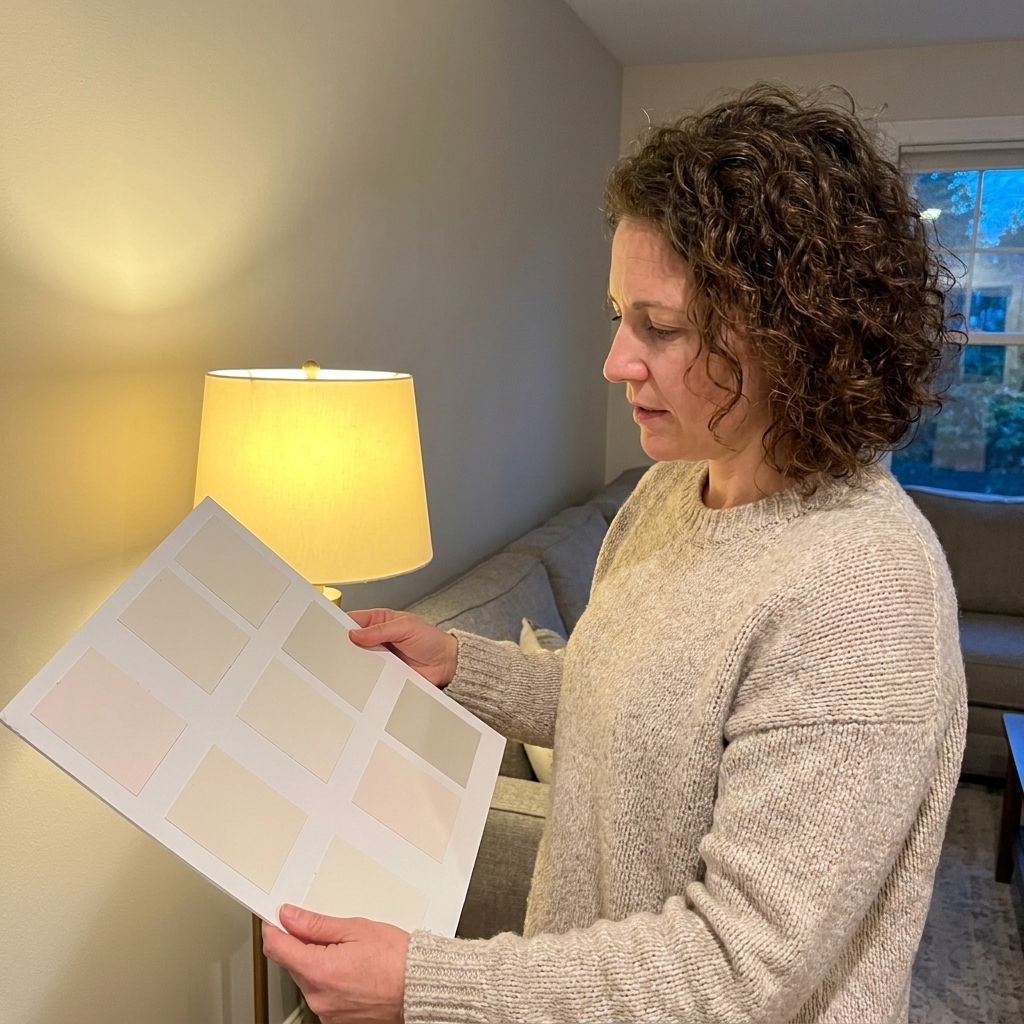 A person holding a large paint sample board on a living room wall while a table lamp casts warm light, showing how undertones shift in the evening