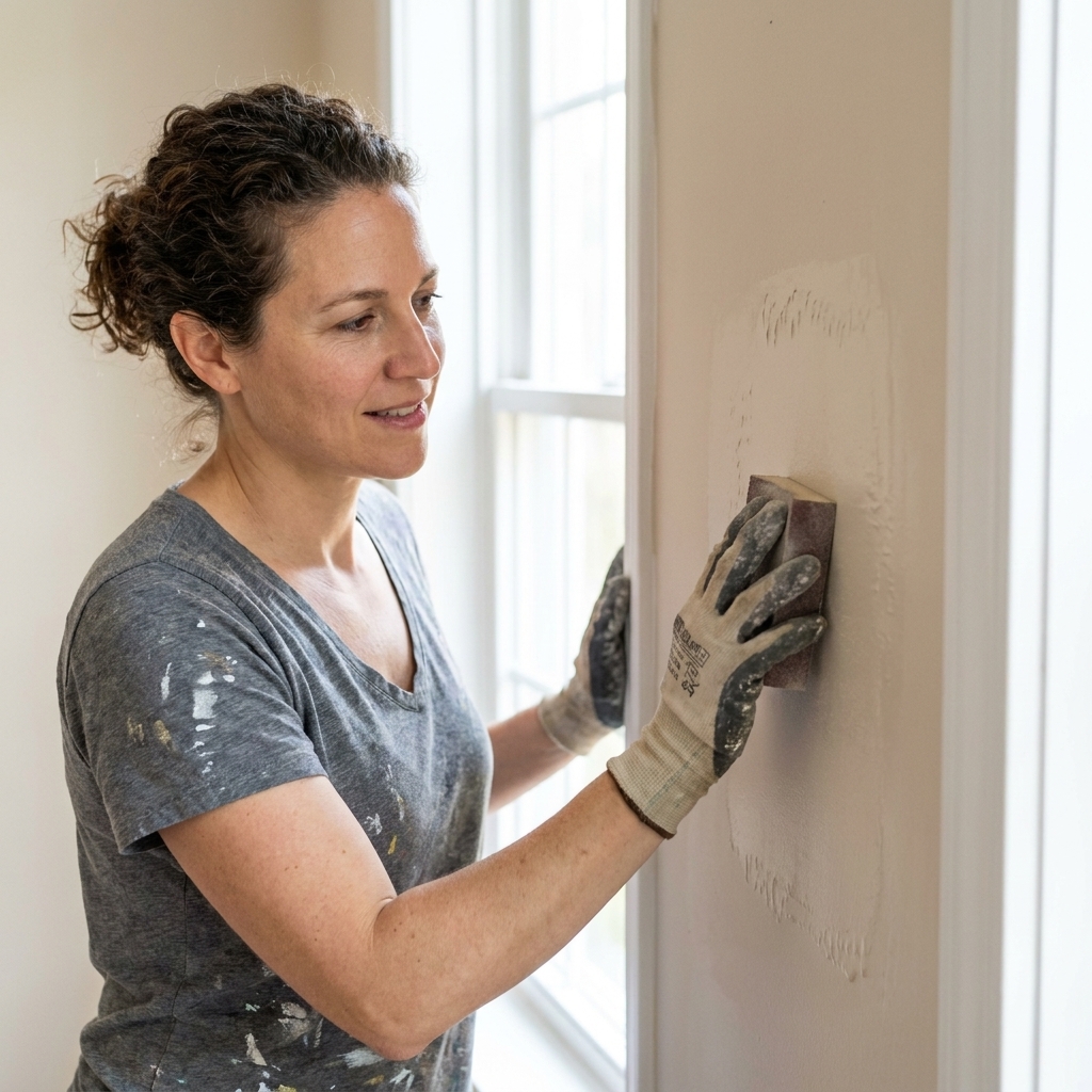A person lightly sanding a painted interior wall with a fine sanding sponge to smooth raised roller lines before repainting