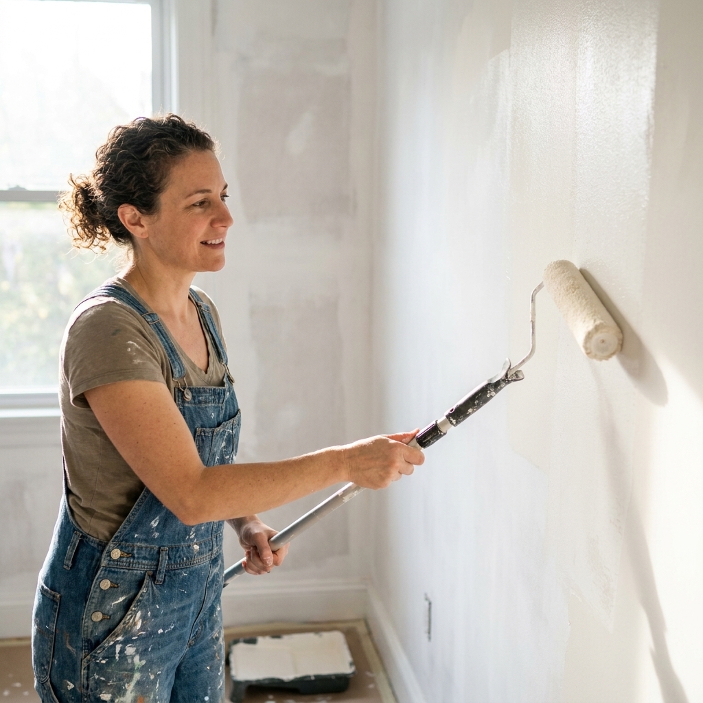 A person rolling a soft warm white paint onto a wall over dried primer, with natural light coming through a nearby window