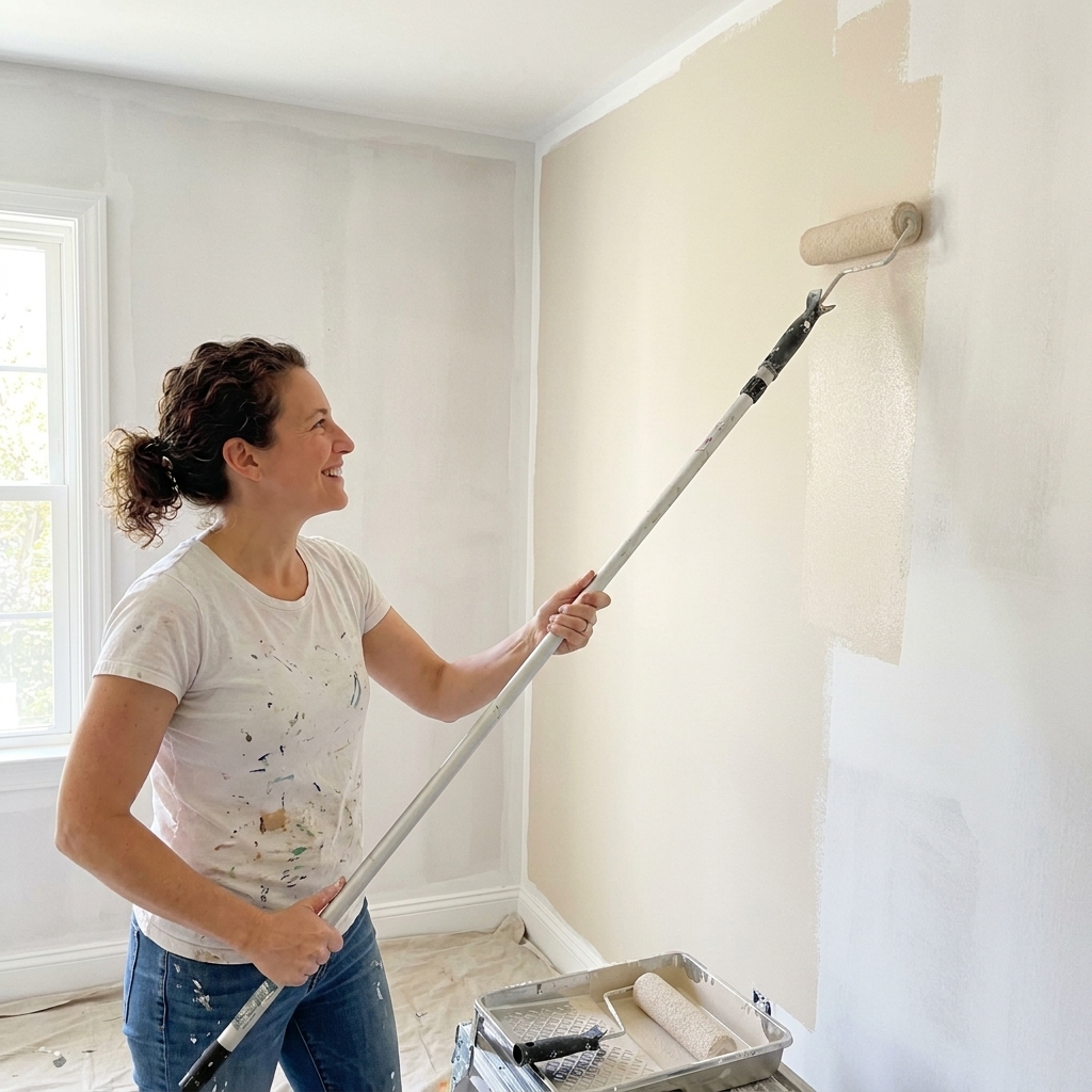 A person rolling light-colored interior paint onto a fully primed wall with a roller, with crisp cut-in edges near the ceiling