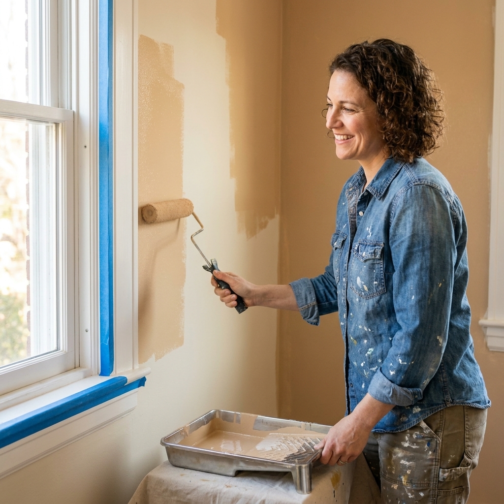 A person rolling warm neutral paint onto an interior wall using a roller frame and tray, with painter's tape protecting a nearby window frame