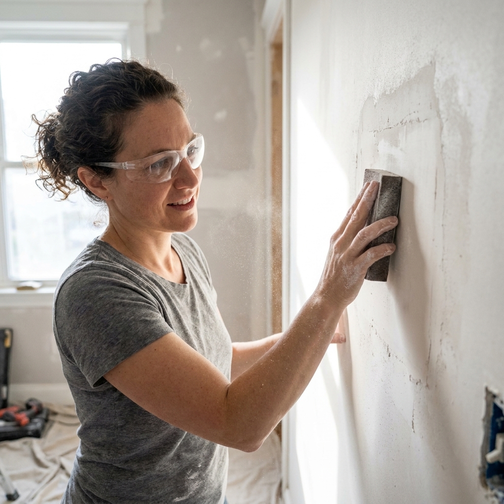 A person sanding a dried drywall patch with a fine grit sanding sponge, with light dust visible on the wall surface
