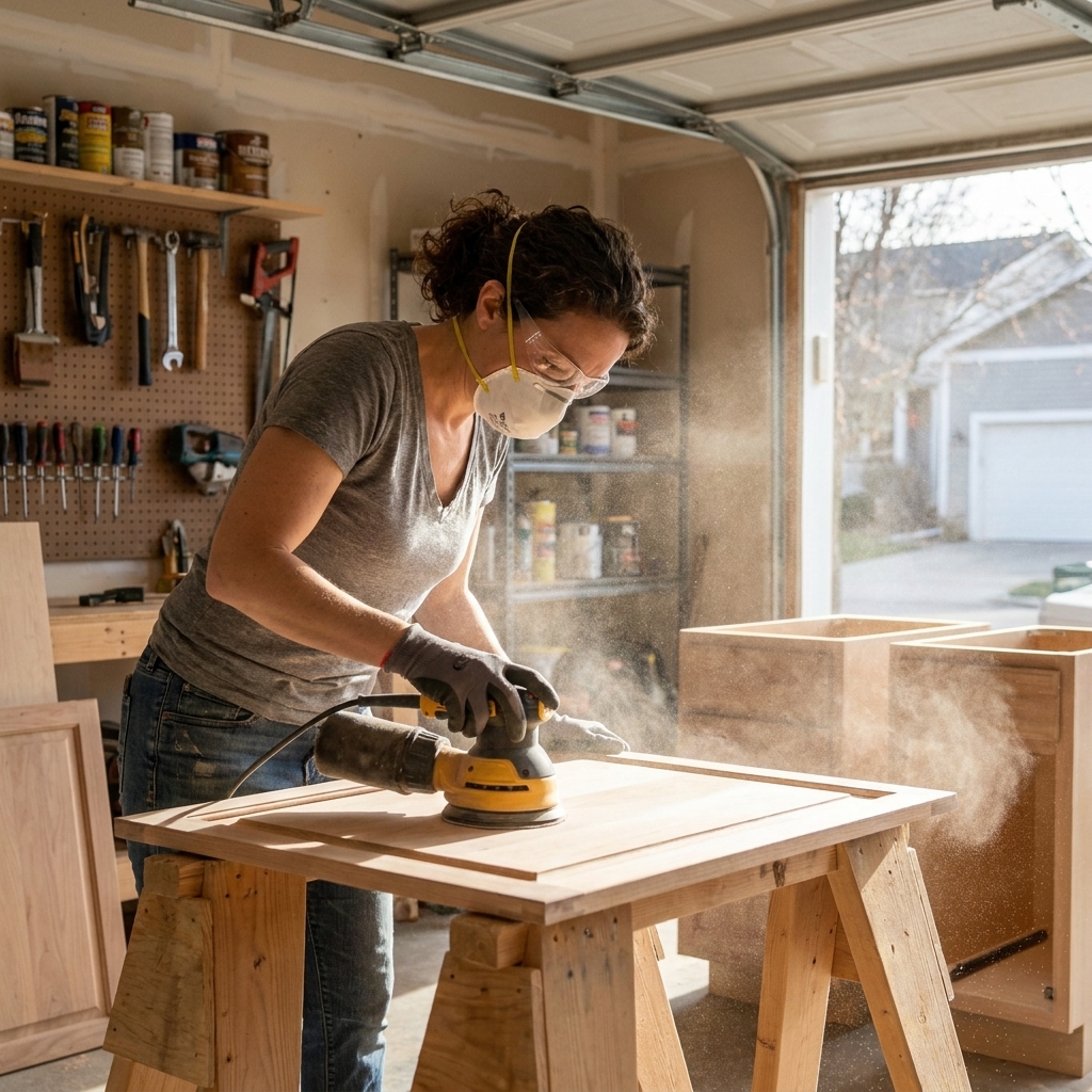 A person sanding a removed kitchen cabinet door on sawhorses in a garage workspace, fine dust visible, showing prep before priming