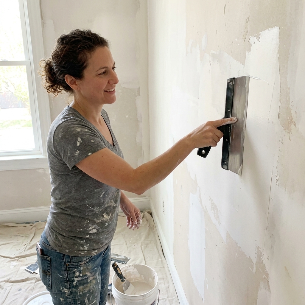 A person skim-coating a bare interior wall with a wide drywall knife, leaving a thin smooth layer of joint compound