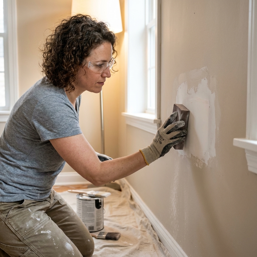 A person using a sanding sponge on a dried drywall patch on an interior wall, with a drop cloth below and soft indoor lighting