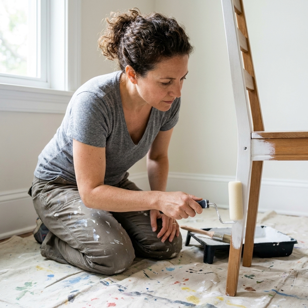 A person using a small foam roller to paint a wooden chair indoors on a drop cloth, focusing on even coverage