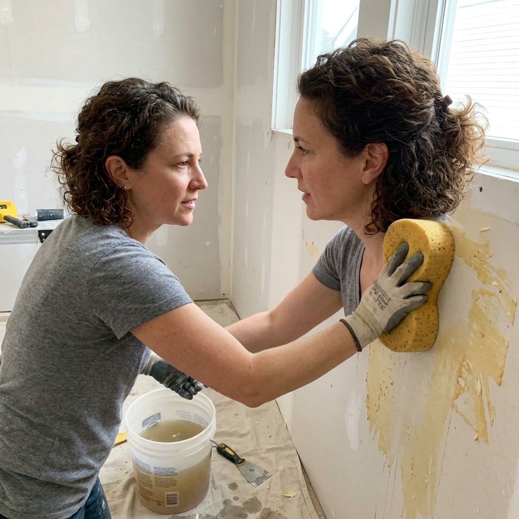 A person wiping a wall with a large sponge and bucket nearby, removing sticky wallpaper adhesive residue from bare drywall