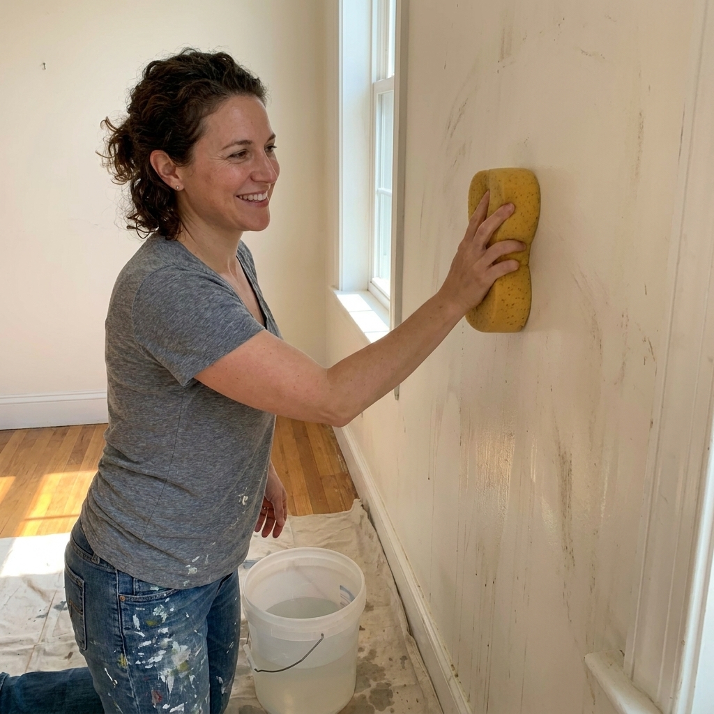 A person wiping an interior wall with a sponge while a bucket sits on the floor, preparing the surface for painting