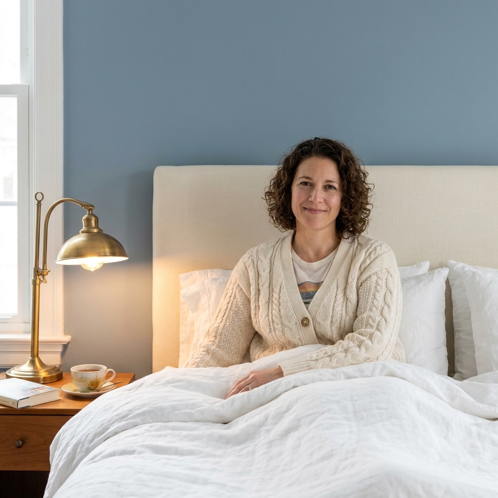 A primary bedroom with dusty blue painted walls, a cream upholstered headboard, white bedding, and a brass bedside lamp