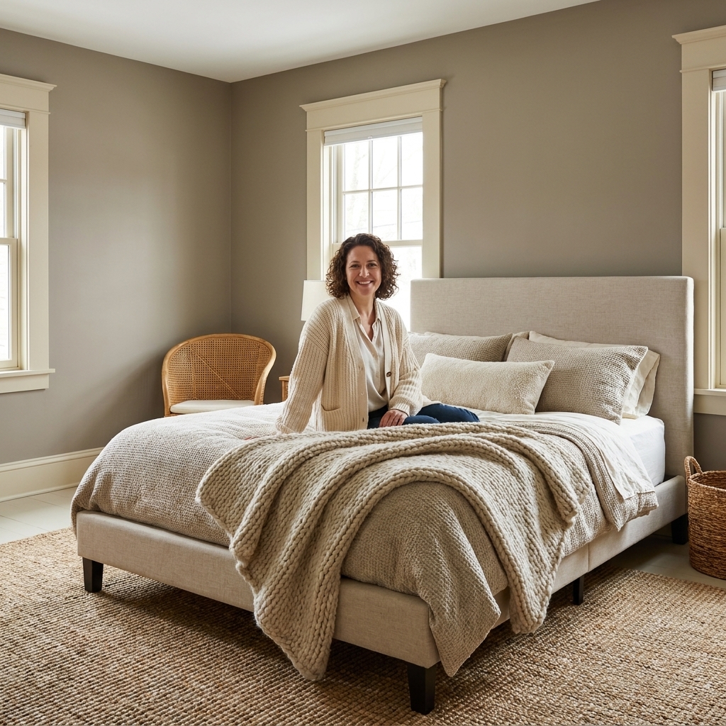 A primary bedroom with warm greige painted walls, cream trim, a neutral upholstered bed, and woven textures