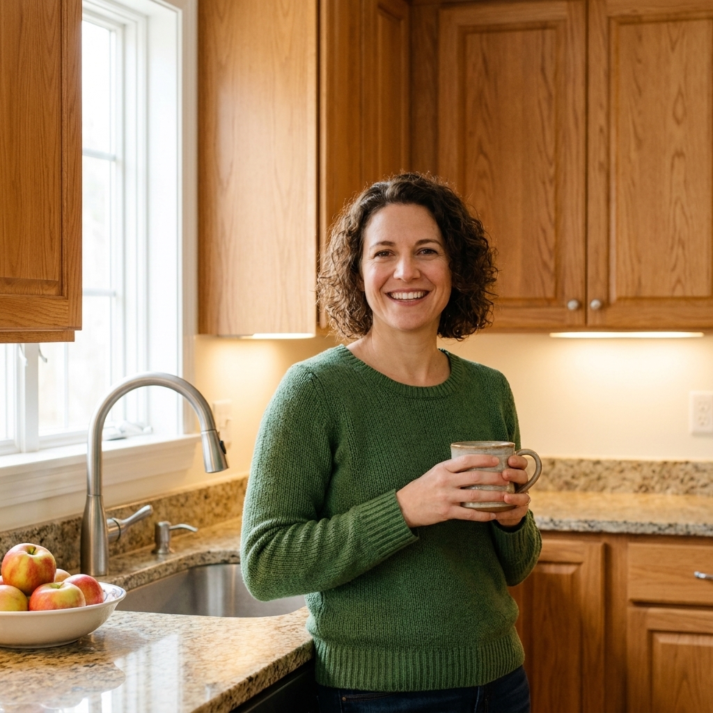 A real kitchen with honey oak cabinet doors and warm white painted walls, showing the wood tone looking balanced and not overly orange
