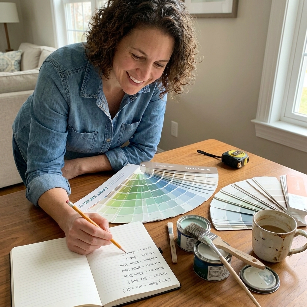 A real-life tabletop scene with multiple paint swatch fan decks spread out next to open sample pots and a notebook with handwritten color notes