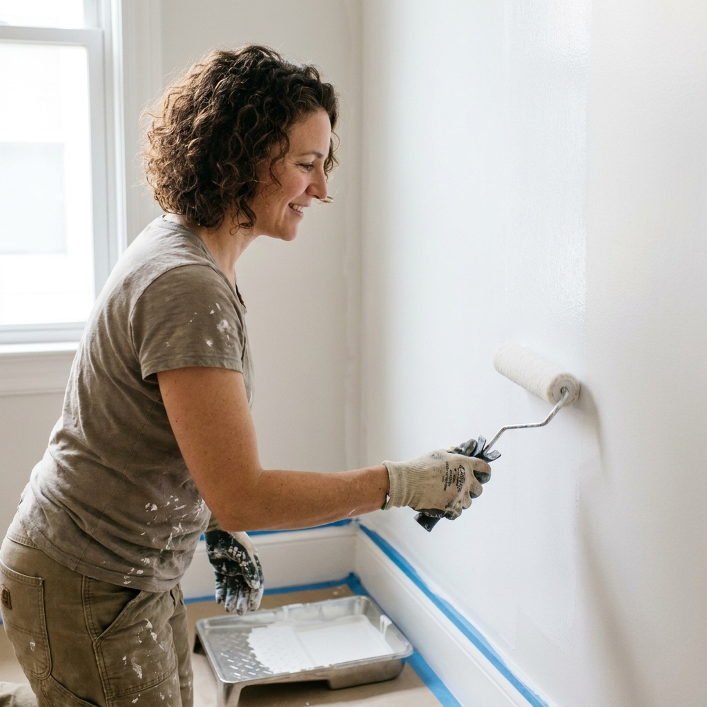 A roller tray and paint roller applying white bonding primer to a smooth interior wall with painter's tape along the trim