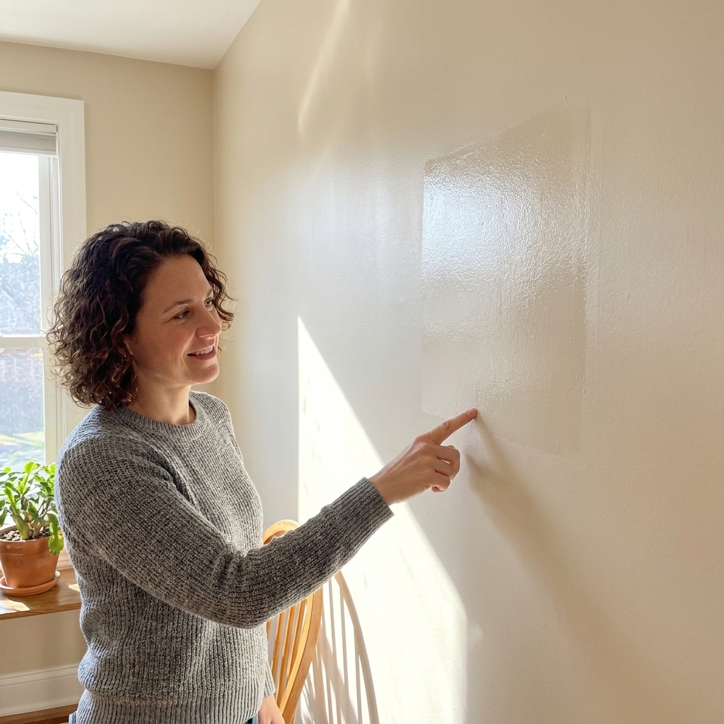 A satin-finish painted wall showing a faint rectangular sheen difference where a patched area was repainted, visible in angled window light