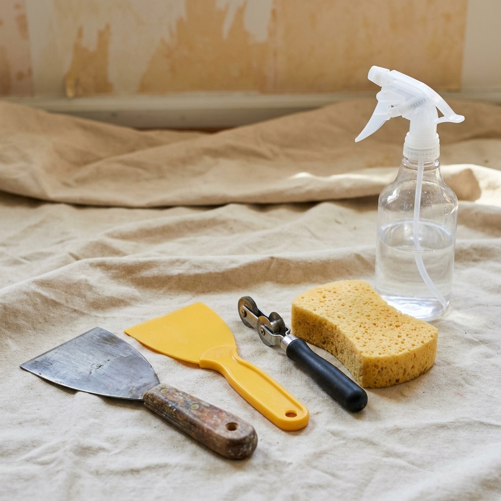 A set of wallpaper removal tools on a drop cloth, including a wide metal scraper, plastic putty knife, scoring tool, sponge, and a spray bottle