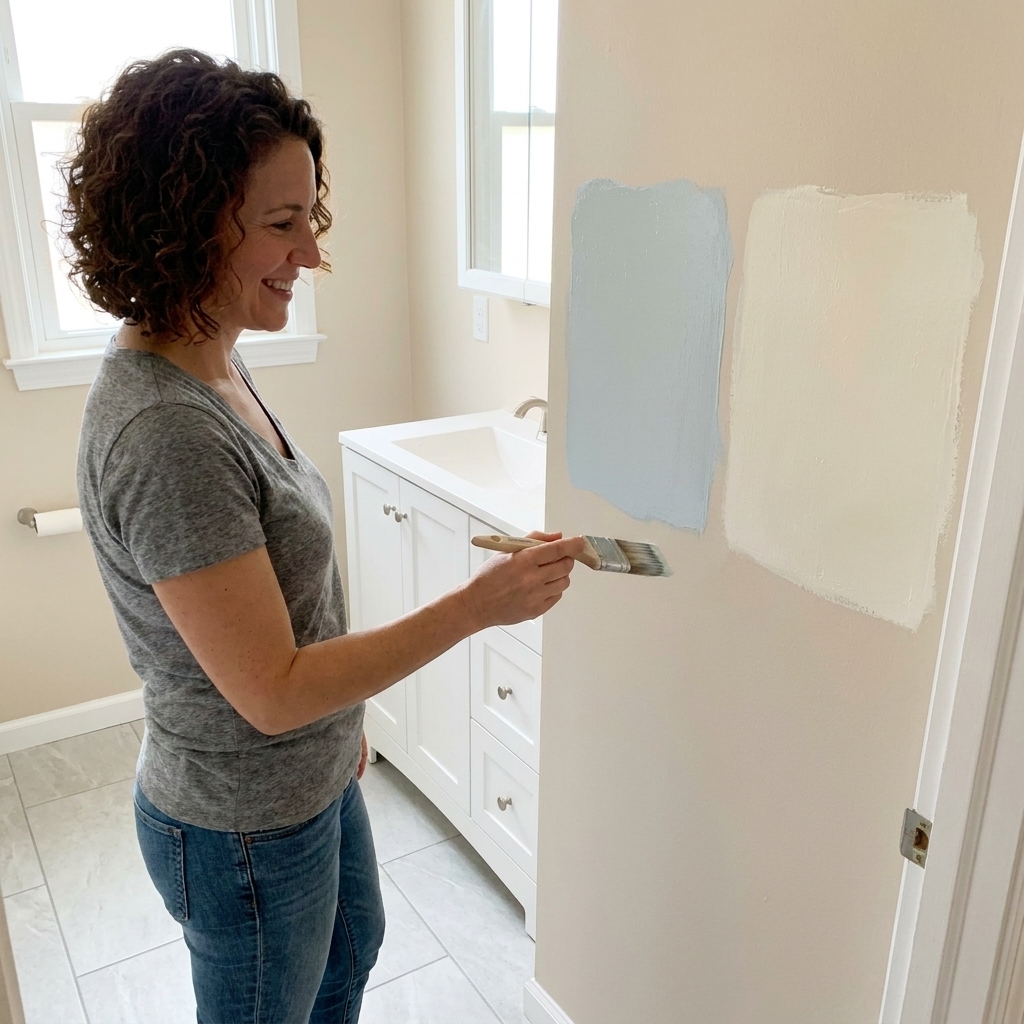 A small bathroom with light gray porcelain tile flooring and two large paint sample squares brushed onto the wall near the vanity