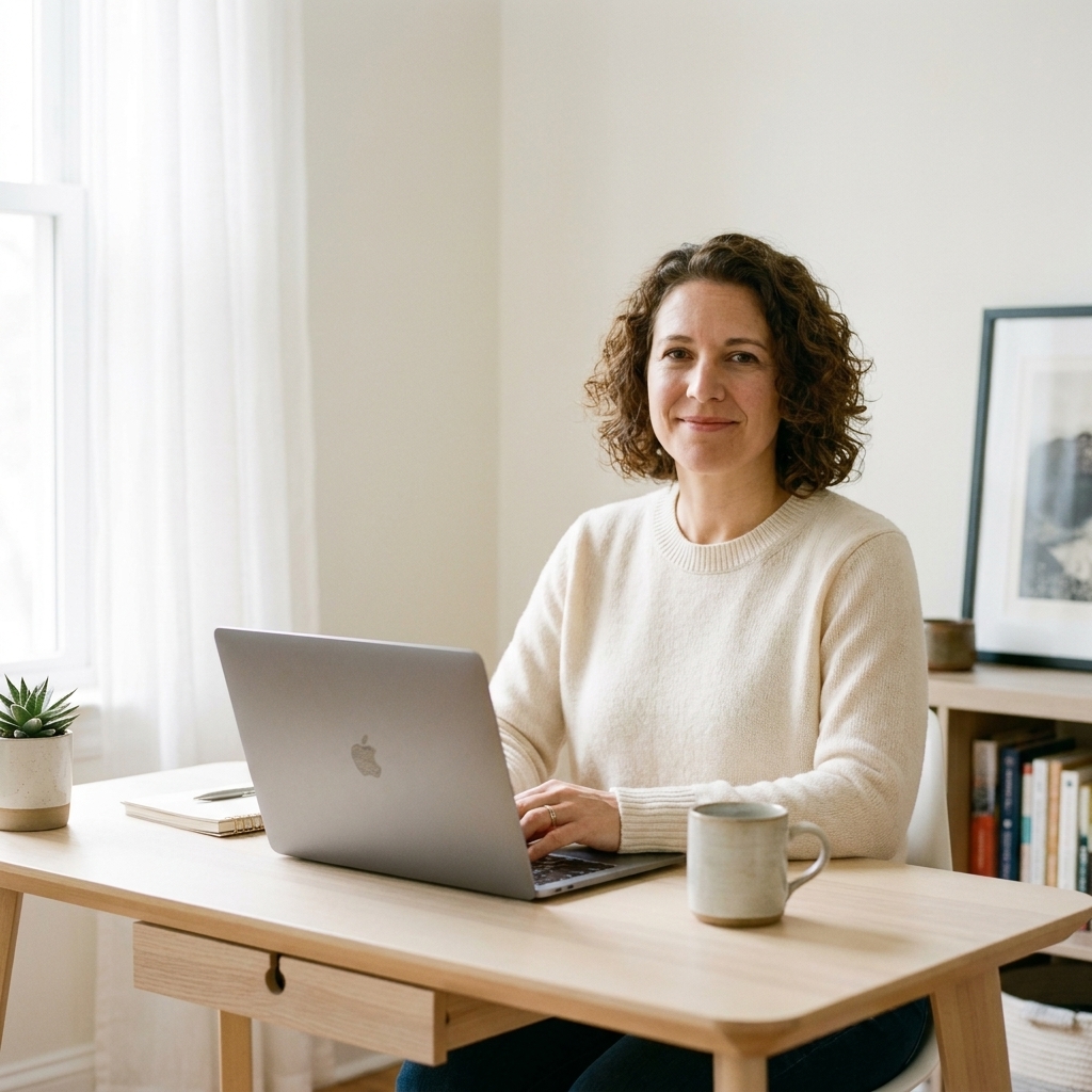 A tidy home office with warm white painted walls, a minimalist desk setup, and soft daylight coming through sheer curtains