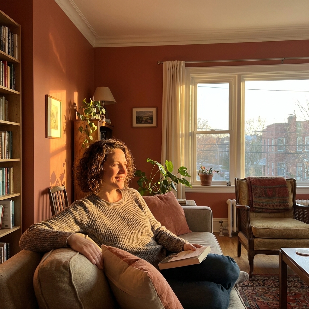 A west-facing living room in late afternoon with golden sunlight streaming through a window onto painted walls, warming the color