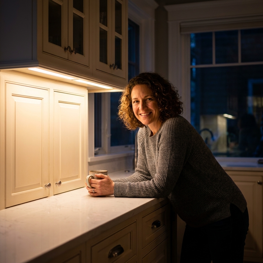 A white kitchen with warm under-cabinet lights glowing on painted cabinet doors and drawers, showing how lighting changes undertones at night