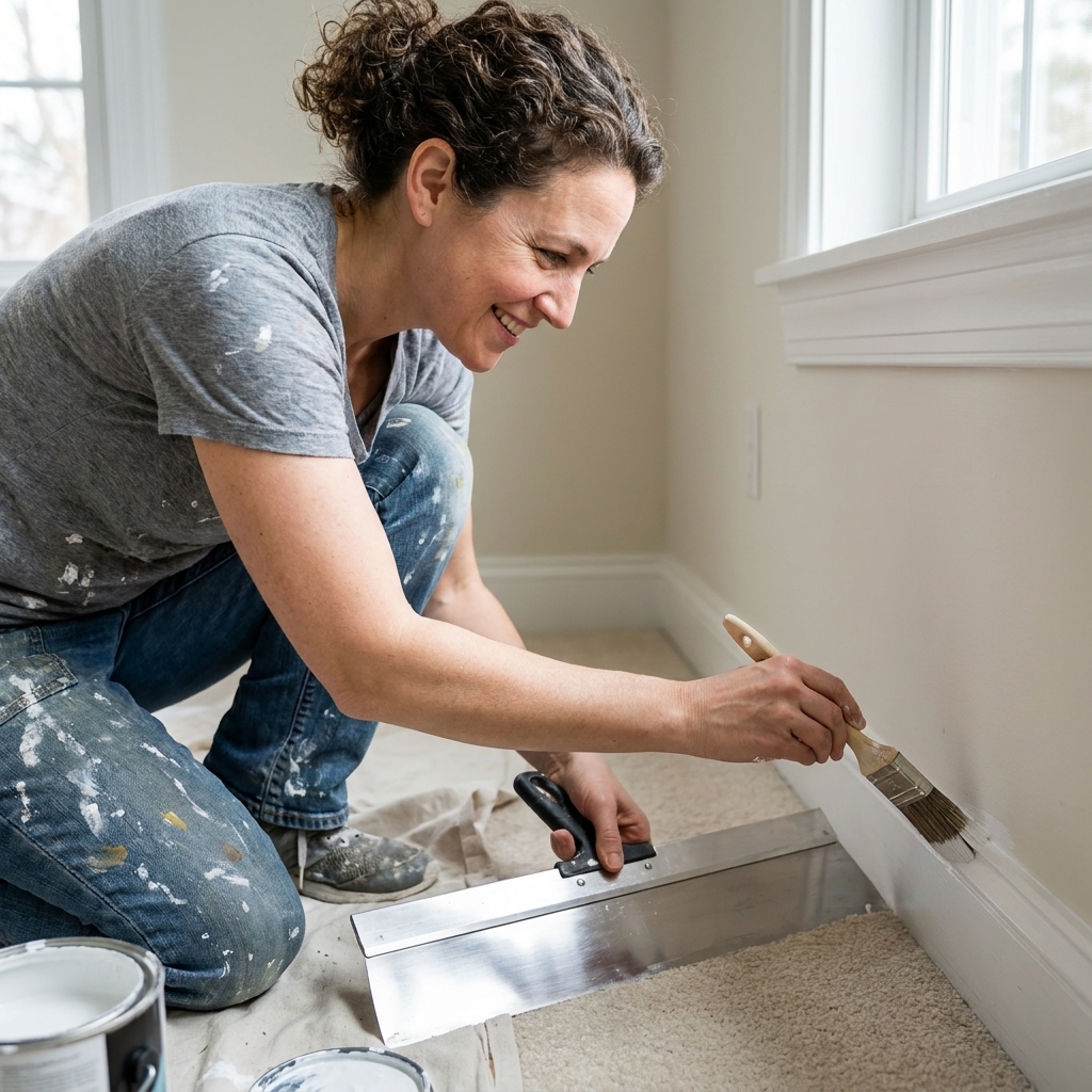 A wide metal putty knife held between a baseboard and carpet as a paint shield while a hand paints the trim edge