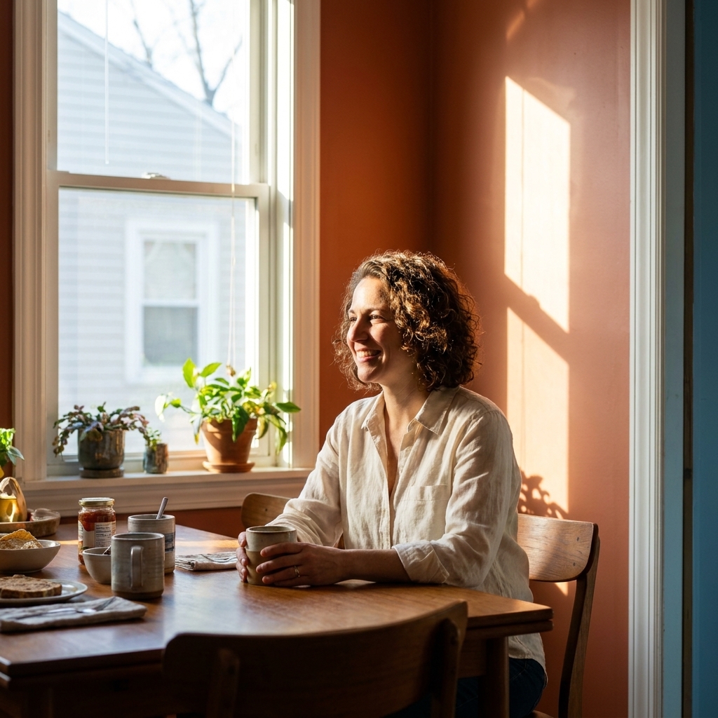 An east-facing dining area in morning light with sunbeams hitting painted walls, creating warm highlights and cooler shadows
