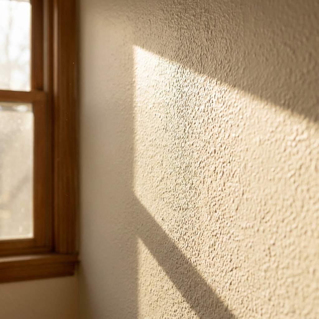 An interior painted wall with visible roller stipple texture highlighted by sunlight coming through a nearby window