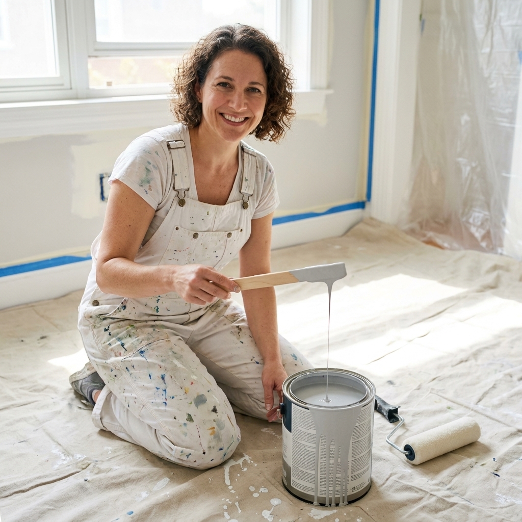 An open paint can filled with light gray tinted primer sitting on a drop cloth next to a stir stick and roller cover