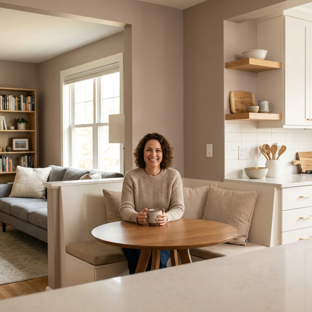 An open plan dining nook between a kitchen and living room, with the dining walls painted a soft neutral that visually bridges the two spaces