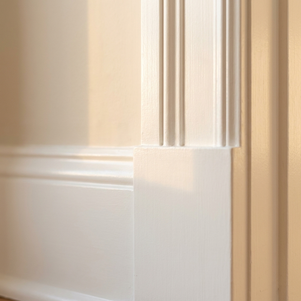 Close-up of clean white baseboards and door trim painted in semi-gloss, showing a clear soft shine