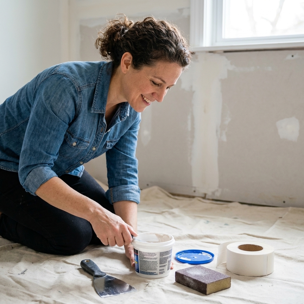 Drywall repair tools laid out on a drop cloth, including a putty knife, spackle tub, sanding sponges, and a roll of drywall tape