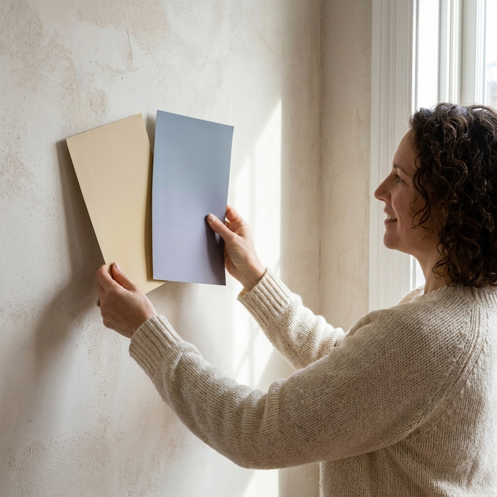 Hands holding warm beige and cool blue-gray paint swatches against a wall in natural daylight, showing undertones clearly