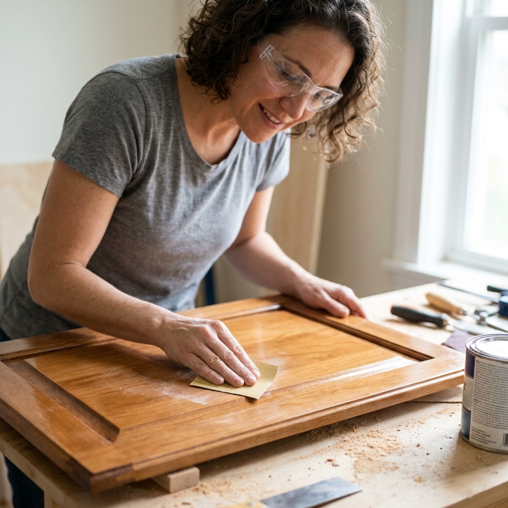 Hands lightly sanding a glossy wood cabinet door with fine grit sandpaper on a workbench before repainting