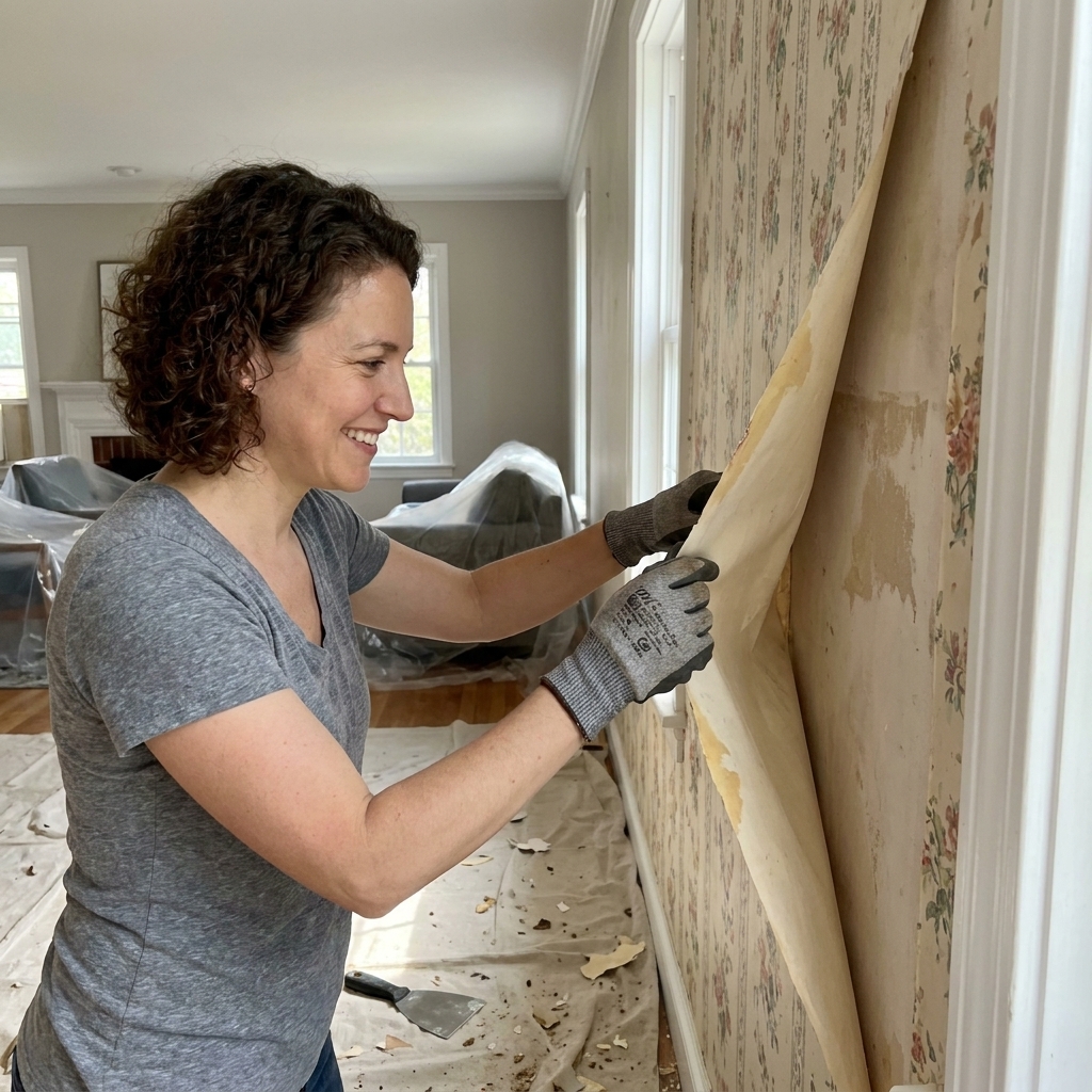Hands peeling a loosened strip of wallpaper away from a living room wall while the backing releases cleanly and a scraper rests on a drop cloth